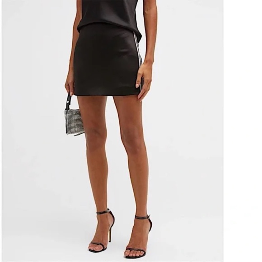 Alice + Olivia Elana mini black satin skirt crystal rhinestone side trim NEW! 0
